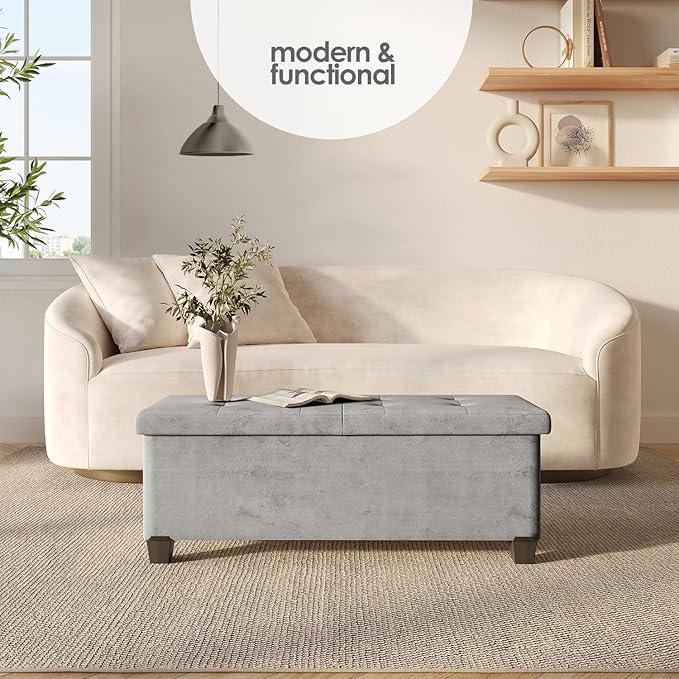 Storage Ottoman Bench with Bins, 43-in Storage Bench for Bedroom End of Bed, Folding Foot Rest Ottoman for Living Room Max 660lbs, Velvet Ottomans, Light Grey