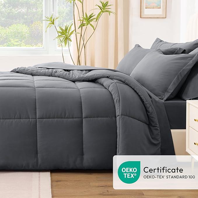 Love's cabin California King Comforter Set Soot Grey, 7 Pieces California King Bed in a Bag, All Season Bedding Sets with 1 Comforter, 1 Flat Sheet, 1 Fitted Sheet, 2 Pillowcase and 2 Pillow Sham | Soft, Breathable, Lightweight, Comfortable