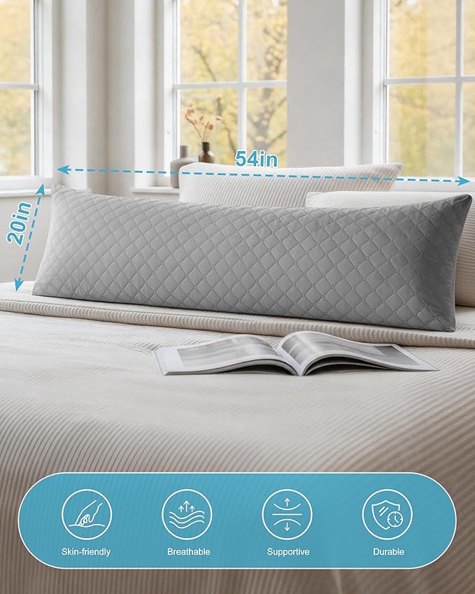 YZ HOME Long Body Pillow for Adults - Firm Body Pillow Insert with Shredded White Memory Foam, Adjustable Height, Soft Support for Side Sleeping, Pregnant Women, Washable (Grey, 20x54 Inch)