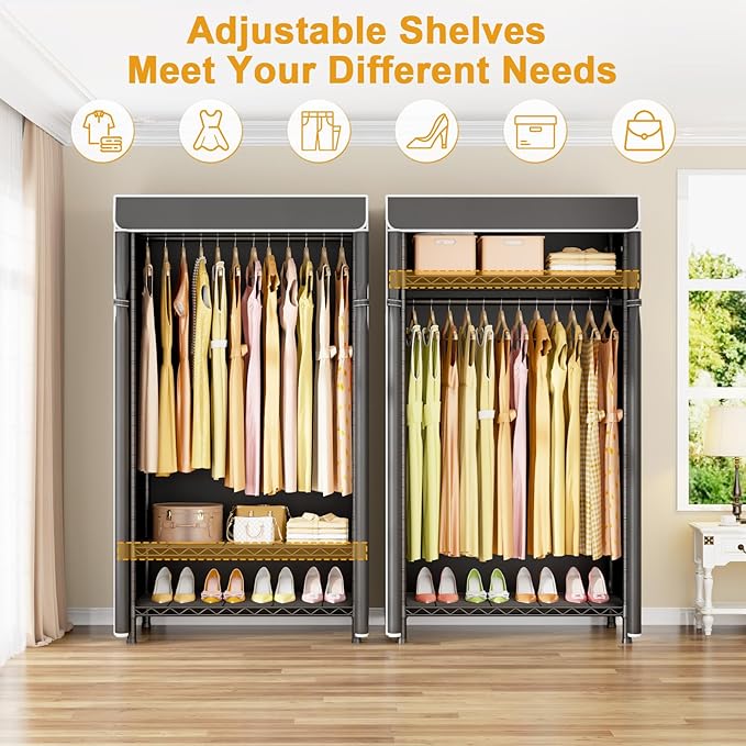 ULIFHOME H5C Clothes Rack with Cover, Portable Closet for Hanging Clothes, Covered Clothing Racks Heavy Duty, Garment Racks with Shelves, Max Load 360LBS, Black Closet Rack with Black Cover