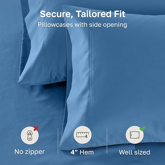 Pillow Cases Queen/Standard Set of 2-600 Thread Count Sateen, Natural 100% Cotton Pillow Case Pair, Crisp, Durable Bedding - Parisian Blue