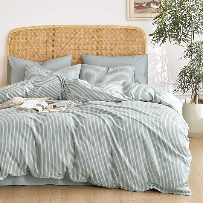 Wake In Cloud - Striped Cotton Duvet Cover Set, 100% Washed Cotton Textured Percale Bedding Set, Ticking Stripe Pinstripe Farmhouse, 3 Pieces, Greyish Blue, Twin Size