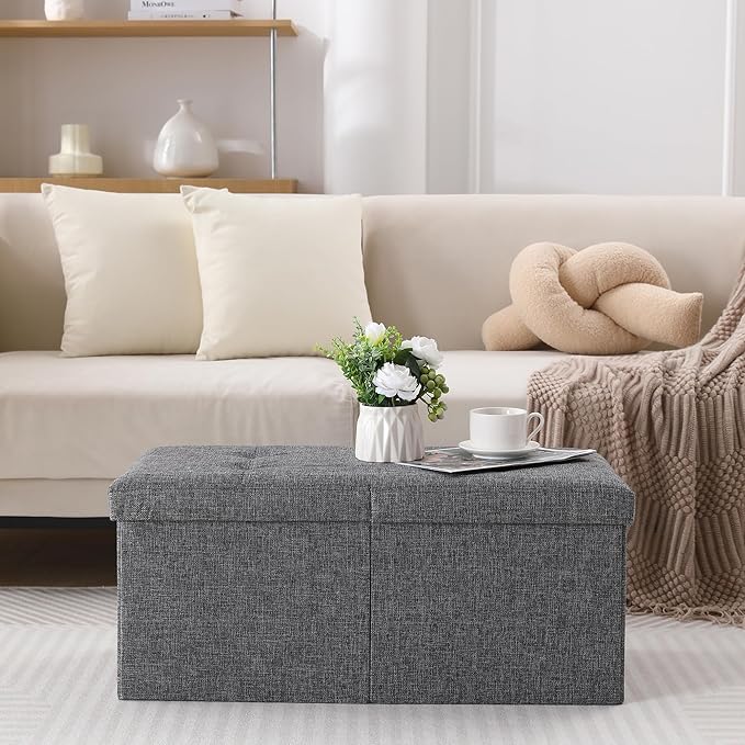 Storage Ottoman Bench Foldable Seat Footrest Shoe Bench End of Bed Storage with Flipping Lid, 75L Storage Space, 30 inches Linen Fabric Dark Grey