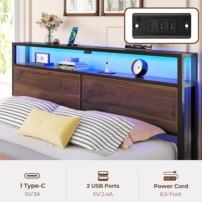 Rolanstar Twin Bed Frame with 4 Storage Drawers & 2-Tier Storage Headboard, Metal Platform Bed Frame with Charging Station & LED Lights, Noise-Free, No Box Spring Needed, Easy Assembly, Espresso