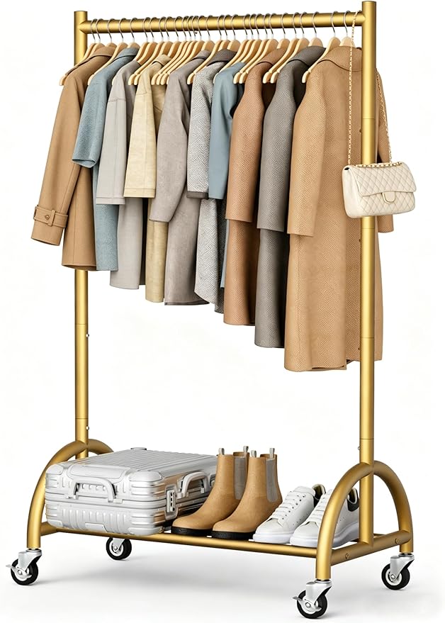 MISSLO Heavy Duty Clothing Rack with Wheels Rolling Clothes Racks for Hanging Clothes, Coats, Garment, Dress, Gold, 30" W