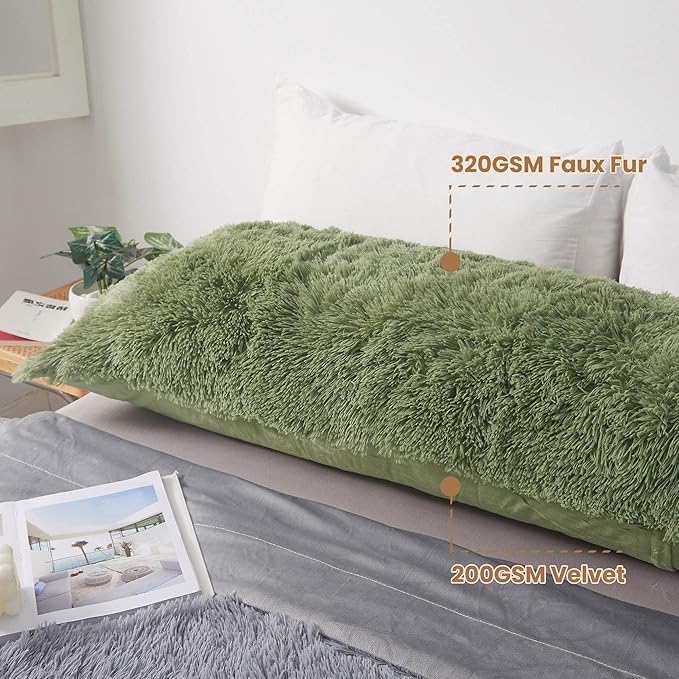 MEGO Fluffy Body Pillow Cover, 20x54 Shaggy Faux Fur Body Pillow Case, Green Comfy Plush Fuzzy Body Pillowcase, Furry Long Throw Bed Pillow Cover with Zipper for Adults Women Side Sleeper Sage Green