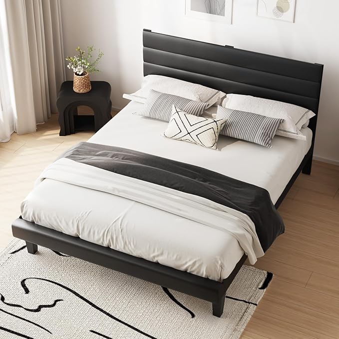 VINGLI Upholstered Bed Frame Queen, Faux Leather Platform Bed with Adjustable Headboard, Wood Mattress Foundation with Heavy Duty Slats Support,Luxury Modern,No Box Spring Needed, Black