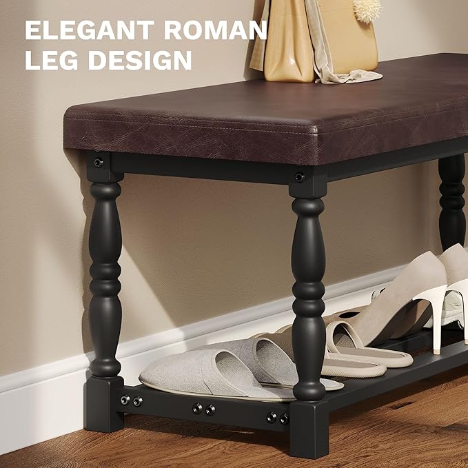 DWVO 48" L Entryway Shoe Bench with Cushioned Seat & Storage for 5-6 Pairs of Shoes, Shoe Rack with Roman Style Legs for Hallway Mudroom Dressing Room, Brown & Black
