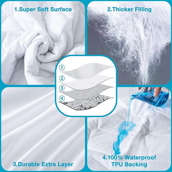 Waterproof Split King Mattress Protector for Adjustable Beds, Breathable Noiseless Split King Mattress Pad Cover, 6-18 Inches Deep Pocket, White