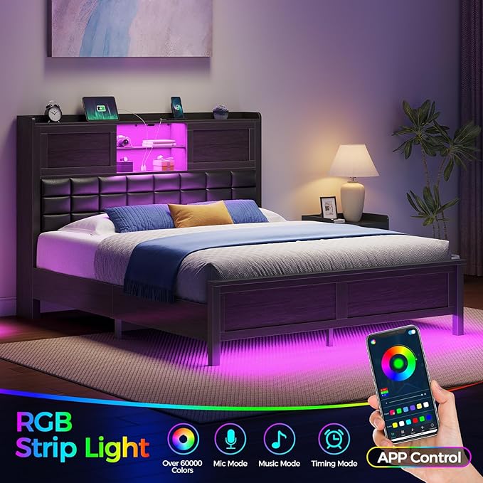 Rolanstar Bed Frame Full Size with Charging Station, Bookcase Headboard Bed with LED Light and Sliding Doors, Platform Bed with Wooden Slats, No Box Spring Needed, Noise Free, Black