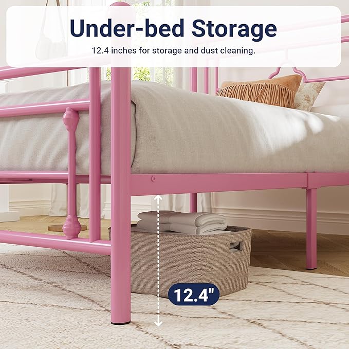 Allewie Twin Size Metal Platform Bed Frame with Victorian Vintage Headboard and Footboard/Mattress Foundation/Under Bed Storage/No Box Spring Needed/Noise-Free/Easy Assembly, Pink