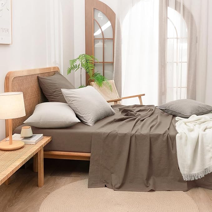 BESTOUCH 100% Washed Cotton Pillowcase for Hair and Skin Linen Feel Soft Comfortable Breathable 2 Set Pillow Case with Envelope Closure Solid Pine Bark Brown Euro 26x26 Inches