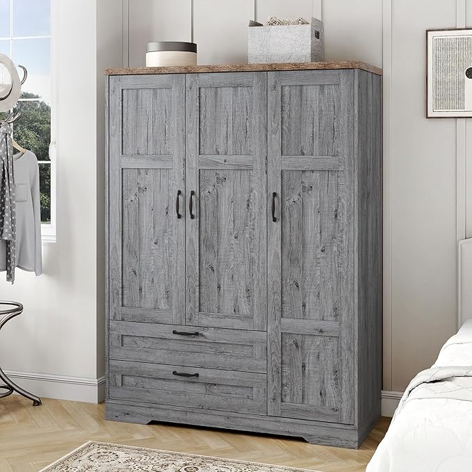 Yechen 3-Door Wooden Armoire Wardrobe Closet with Drawers and Shelves, Bedroom Armoires with Mirror for Hanging Clothes, Coat, Farmhouse Wardrobe Cabinet for Large Storage Needed