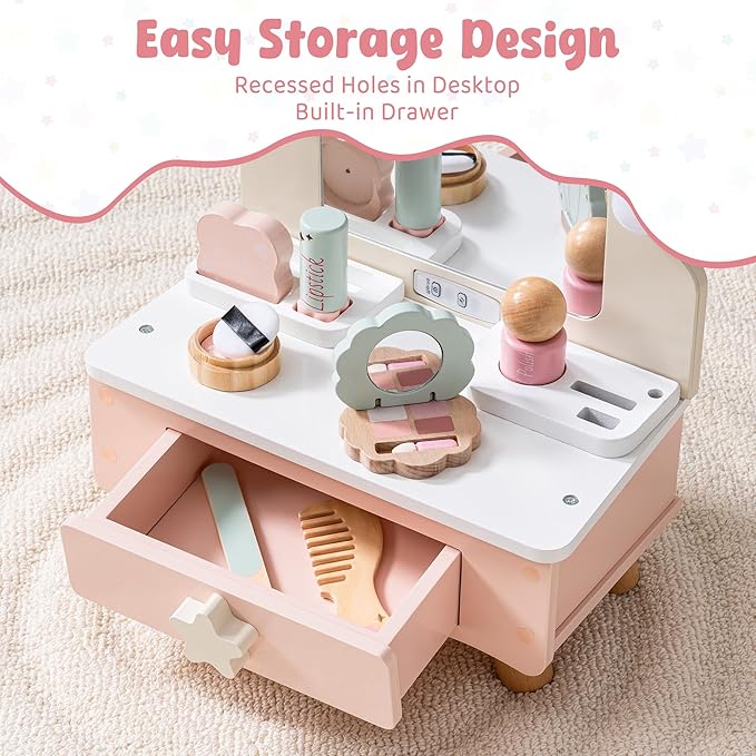 ROBOTIME Toddler Vanity Makeup Table Toy with Mirror & Light, Wooden Kids Makeup Vanity Set, Dressing Table with Accessories and Lights, Pretend Makeup Set for Little Girls