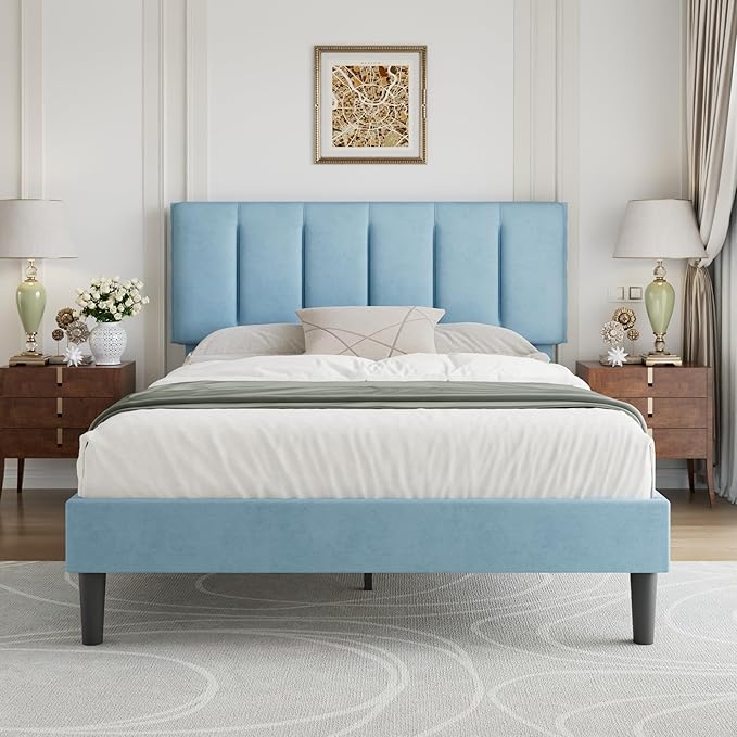 VECELO Queen Size Bed Frame with Upholstered Headboard, Heavy-Duty Bedframe with Wooden Slats & Steel Framework, Easy Assembly, Light Blue