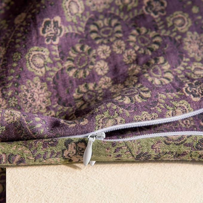 VM VOUGEMARKET Purple Flower Duvet Cover Set King,Yarn-Dyed Cotton Jacquard Textured Boho Medallion Bedding Set,Retro Reversible Green Floral Duvet Cover with Zipper Ties