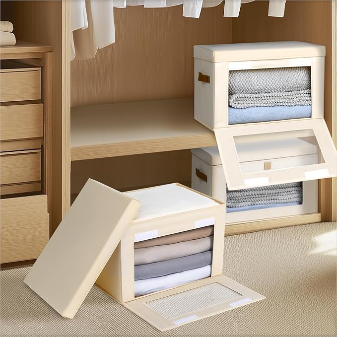Homsorout Small Fabric Storage bins - Collapsible Storage Bins with Open Window, 6 Pack Closet Baskets for Shelves, Stackable Decorative Boxes for Home, Dorm, Beige, 13.7"x 9.8" x 9.8"