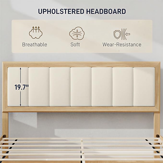 HOMCOM Queen Size Bed Frame with Upholstered Headboard, Platform Bed Frame with Wooden Slats, No Box Spring Needed, Easy Assembly, Natural
