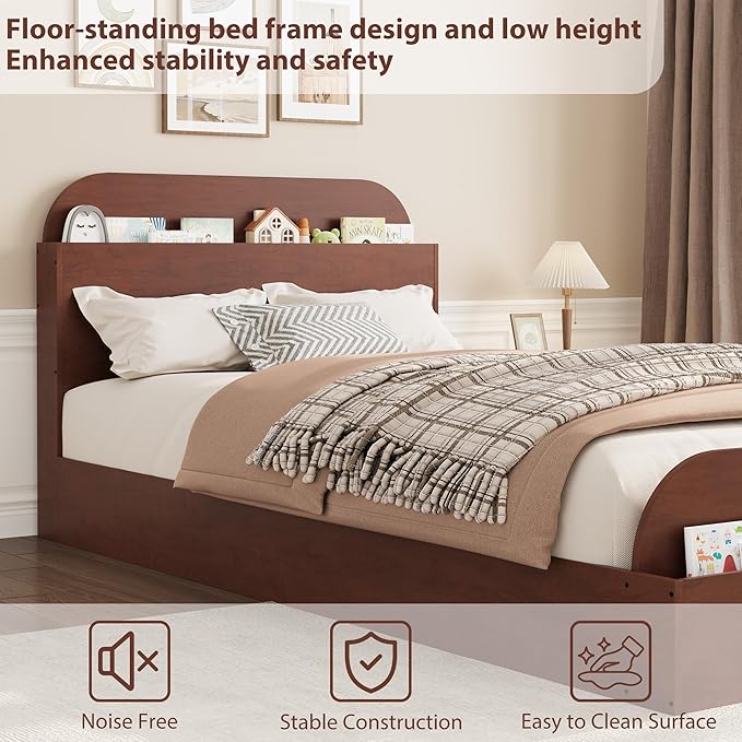 GarveeHome Twin Size Bed Frame, Wooden Beds with Storage Headboard and Raised-Foodboard for Kid, Twin-Floor Low Platform Bed for Bedroom, Sturdy Wooden Slats Support, No Box Spring Needed, Espresso