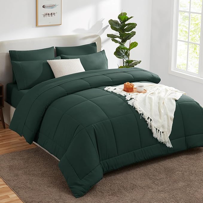 CozyLux Oversized King Comforter Sets Forest Green, 7 Pieces Bed in a Bag, Ultra-Soft All Season Bedding Sets with Stitch Quilted Comforter, Flat Sheet, Fitted Sheet, Pillowcases