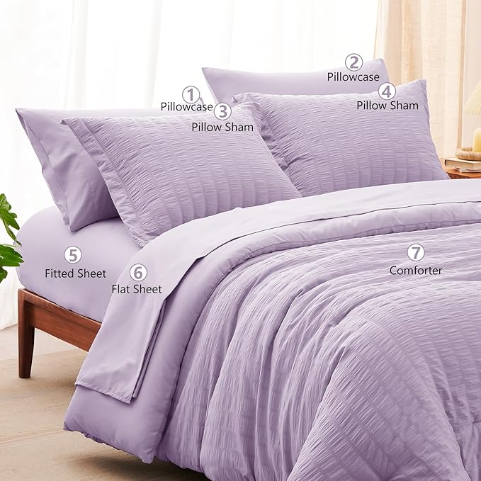 CozyLux Full Size Comforter Sets with Sheets 7 Pieces, Light Purple Seersucker Bed in a Bag Textured Luxury Soft Bedding Sets with Down Alternative Comforter, Sheets, Pillowcases & Shams, Lavender