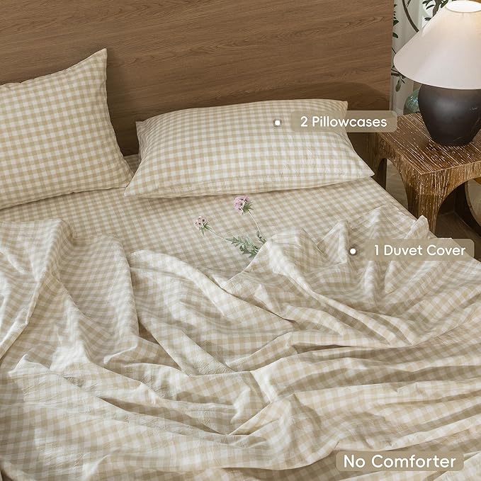 MooMee Gingham Duvet Cover Set 100% Washed Cotton Linen Like Textured Breathable Durable Soft Comfy Modern Checkered Design (Almond Milk Grey Gingham, Cal King 104"x98")