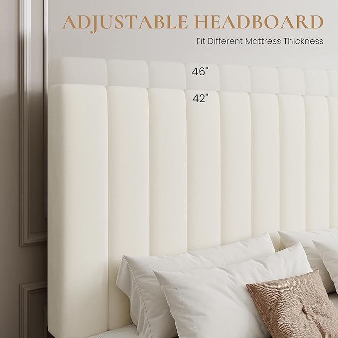 SHA CERLIN Queen Platform Bed Frame with 4 Storage Drawers, Vertical Channel Tufted Adjustable Headboard, Velvet Upholstered, Wooden Slats Support, No Box Spring Needed, Easy Assembly, Cream