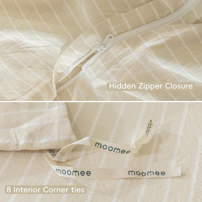 MooMee Striped Duvet Cover Set 100% Washed Cotton Linen Like Textured Breathable Durable Soft Comfy (Almond Milk Grey White Wide Stripes, King 104"x90")