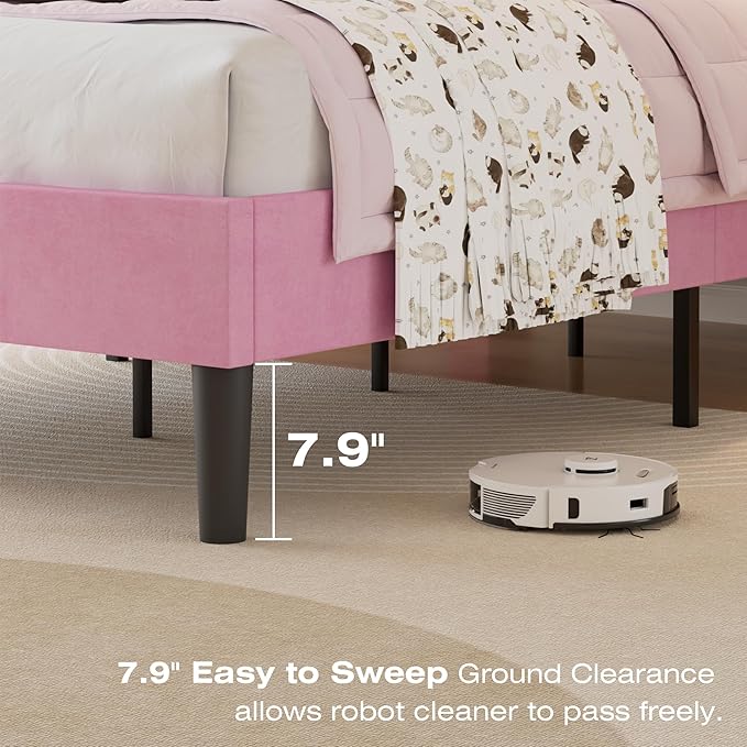 VECELO Twin Size Bed Frame with Upholstered Headboard, Heavy-Duty Bedframe with Wooden Slats & Steel Framework, Easy Assembly, Pink