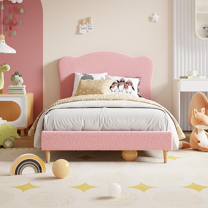 GarveeHome Upholstered Full Size Bed Frame for Kids with Scallop Headboard, Cute Velvet Full Bed for Girls, Boys, Sturdy Platform Bed, No Box Spring Needed, Wooden Slats, Noise Free, Pink