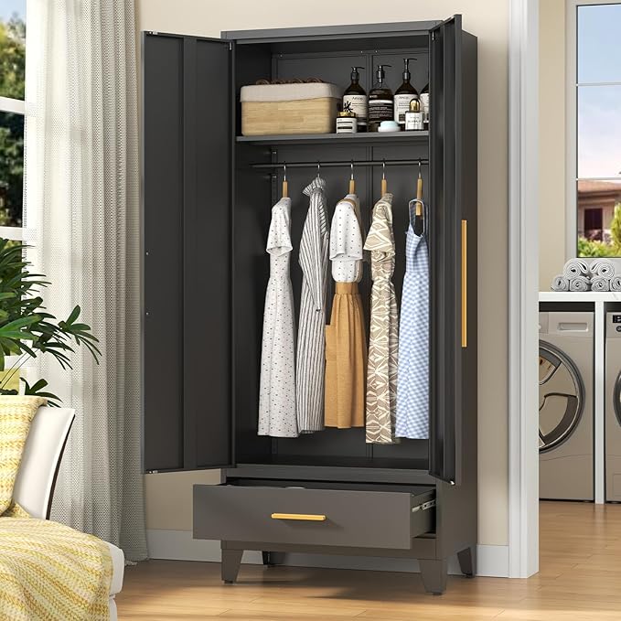 72" Tall Metal Wardrobe Closet - Large Clothing Storage Cabinet with 1 Hanging Rod, 1 Adjustable Shelve, 1 Drawer & Mirror Doors - Closet Organizer for Bedroom, Office, Laundry Room, Garage - Black