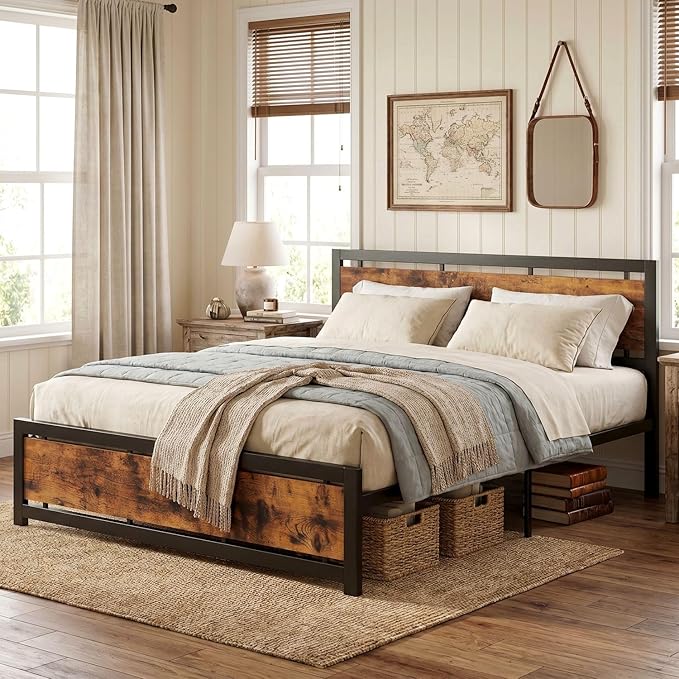 LIKIMIO King Bed Frame with Headboard and Footboard, Metal Strong Supports, Easy Assembly, Noise-Free, No Box Spring Needed, Vintage Brown