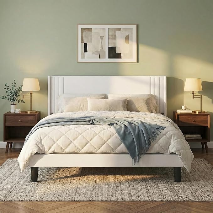 Gizoon Full Bed Frame with Wingback Headboard, Upholstered Platform Bed with Modern Geometric Headboard, Wooden Slats, Noise-Free, No Box Spring Needed