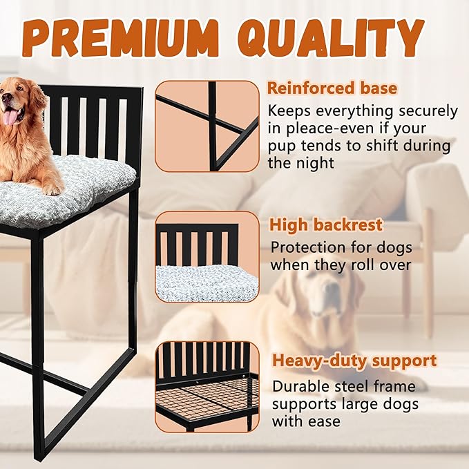 Beside Dog Bed,Adjustable Height Dog Bunk Beds,25.5‘’x18‘’Metal Dogs Bed Frame with Cushion,Medium