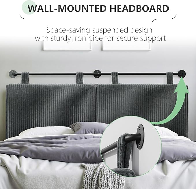 Headboard Queen Size，Modern Wall Mounted Headboards with LED Light for Bed with Upholstery Hanging Headboard for Bedroom,Featuring High-Density Sponge Padding，Grey