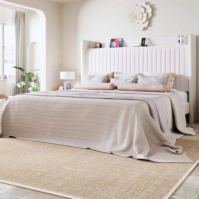 Allewie Queen Size Platform Bed Frame with USB Charging Station and Storage Shelf/Upholstered Velvet Wingback Headboard/Wooden Slats Support/No Box Spring Needed/Easy Assembly, White