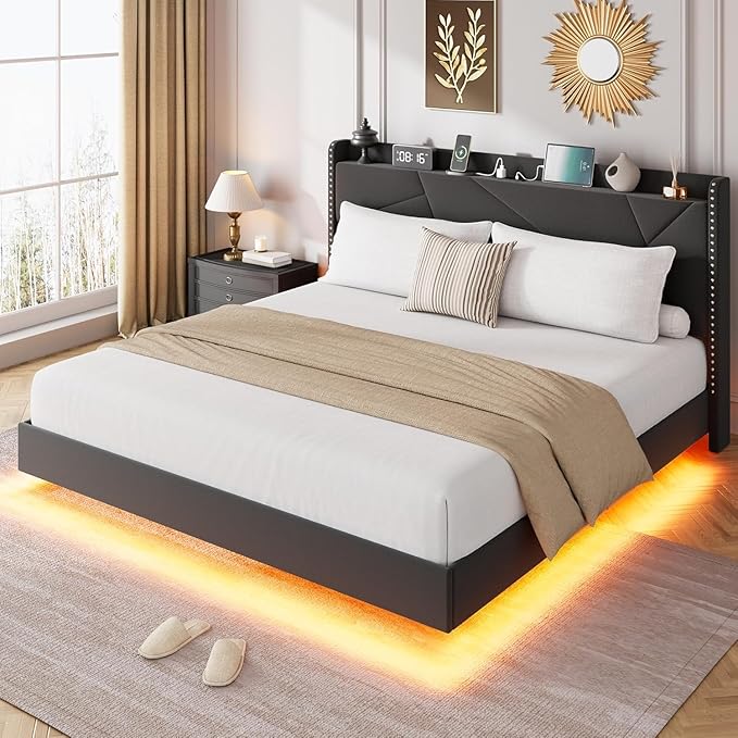 Garvee Full Size Floating Bed Frame with RGB LED Lights and Charging Station, Upholstered Platform Bed with Storage Headboard and Button Tufted Design, No Box Spring Needed, Black