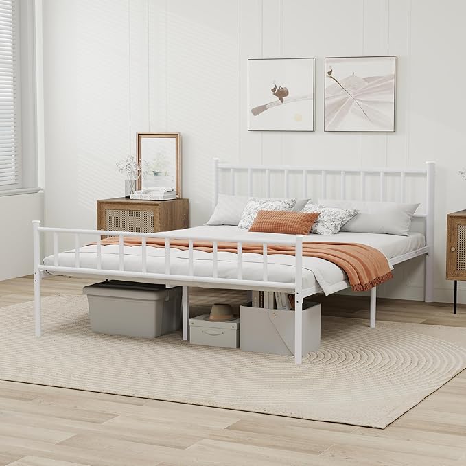 Metal Platform Queen Bed Frame with Headboard Sturdy Steel Slats Support No Box Spring Needed Easy Assembly White