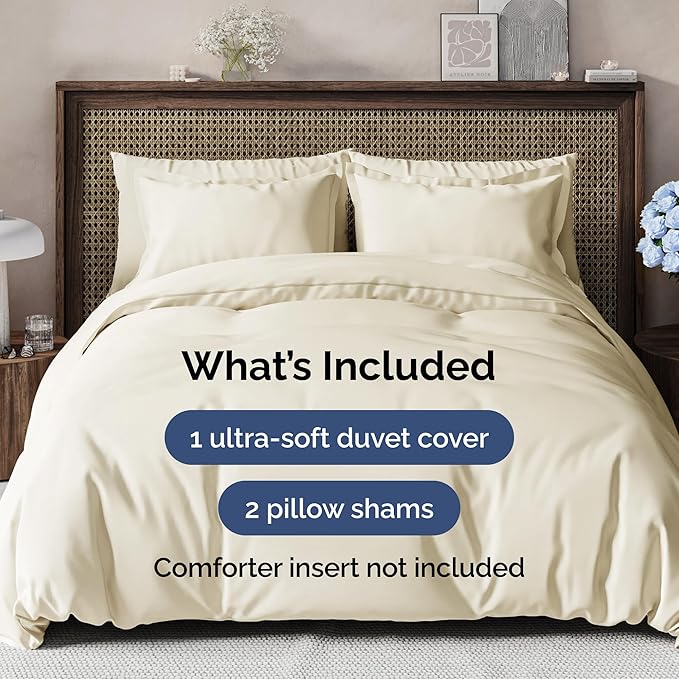 Duvet Cover Queen Size Set - Extra Soft Queen Duvet Cover 90" x 90" with 2 Pillow Shams - Hotel Luxury, Easy Care & Fade Free w/ Zipper Closures & Ties - All Season, Comfy and Breathable (Off White)