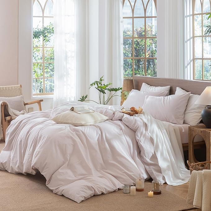 MooMee Striped Duvet Cover Set 100% Washed Cotton Linen Like Textured Breathable Durable Soft Comfy (Heathered Greyish Pink Pinstripes, Twin 68"x90")
