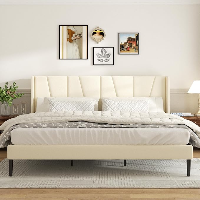 Sismplly King Bed Frame with Headboard, Velvet Upholstered King Size Platform Bed with Wingback, Mattress Foundation with Wooden Slat Support, No Box Spring Needed, Easy Assembly, Noise Free, Beige