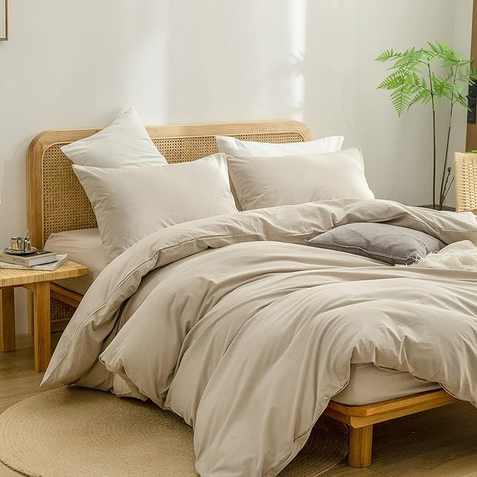 BESTOUCH Duvet Cover Set 100% Cotton Linen Feel Super Soft Comfortable Chic Lightweight 3 PCs Home Bedding Set Solid Almond Milk Grey King