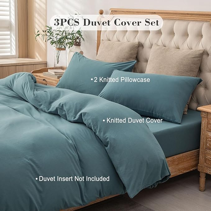 PURE ERA Jersey Knit Duvet Cover Set 100% T-Shirt Cotton Super Soft Comfy 3pc Bedding Set with Zipper Closure (Solid Cerulean Blue, Cal King)
