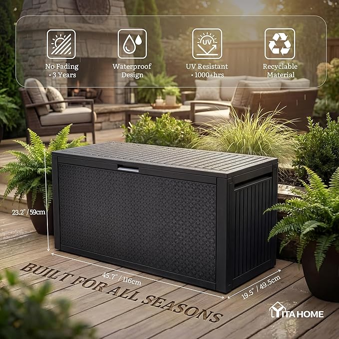 YITAHOME 90 Gallon Large Outdoor Deck Box, Lockable Waterproof Resin Storage Box with Handles, Weatherproof & UV Resistant, Patio Garden Tool Container for Outdoor Furniture, Black