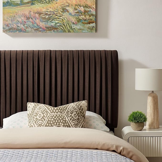 Modway Eloise Twin Velvet Headboard with Ruched Details in Chocolate Brown - Modern Bed Headboard Only with Stain-Resistant Performance Upholstery, Height-Adjustable Mount