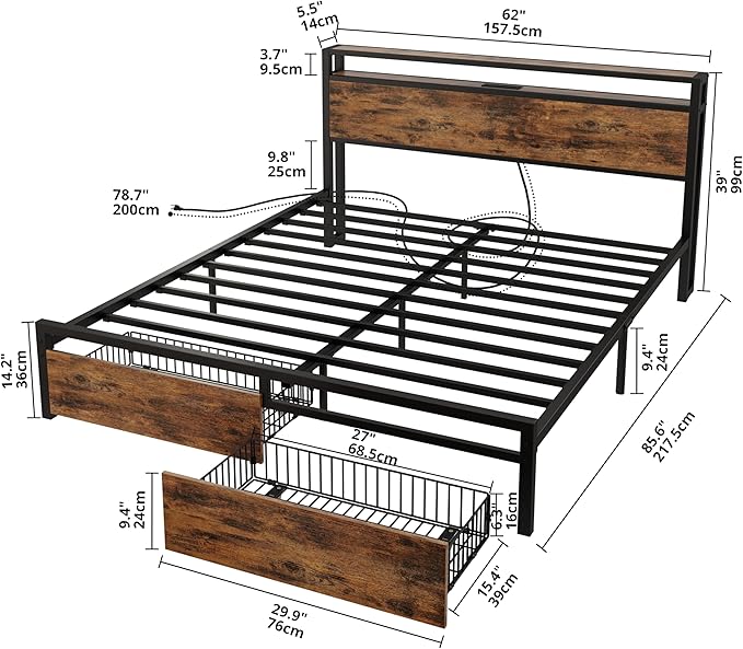 LIKIMIO Queen Bed Frame with Storage Headboard, Platform Bed with Drawers and Charging Station, No Box Spring Needed, Easy Assembly, Vintage Brown