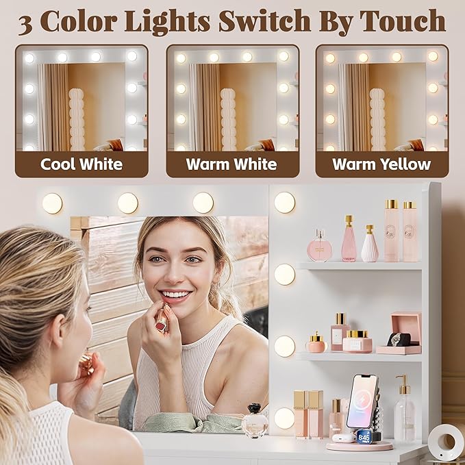 YESHOMY Vanity Desk with Mirror, 10 Lights, Power Outlet and 3 Storage Shelves, Makeup Table with 2 Drawers & 1 Cabinet, 3 Color Modes, for Bedroom, White