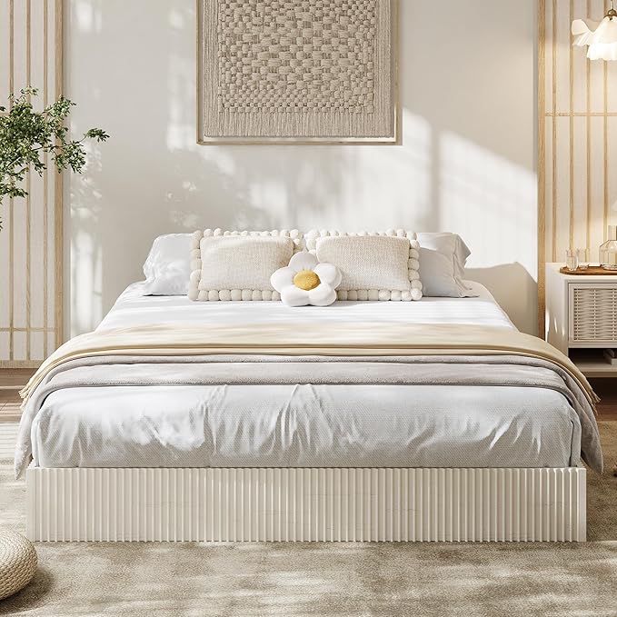 Garvee Full Bed Frame, Wood Platform Bed with Fluted Design, Low Profile BedFrame, Minimalist Bed Base with Noise-Free, Easy Assembly, No Box Spring Needed, Cream