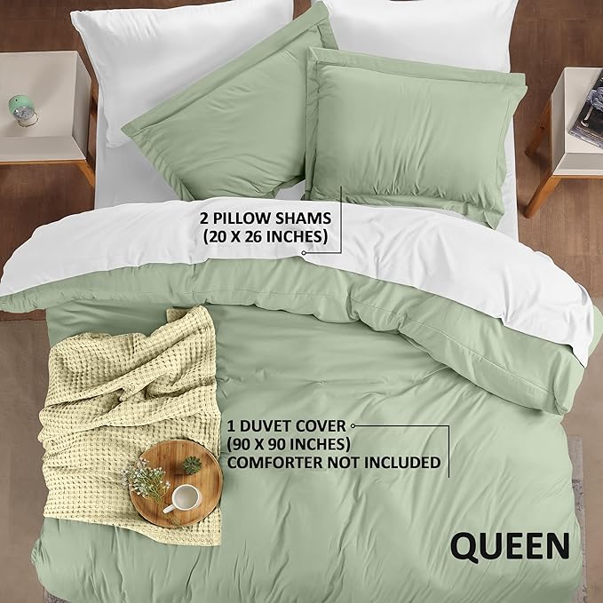 Utopia Bedding Duvet Cover Queen Size - 3 Piece with Zipper Closure - 1 Comforter Cover 90X90 Inches & 2 Pillow Shams 20X26 Inches (Sage) Comforter Not Included