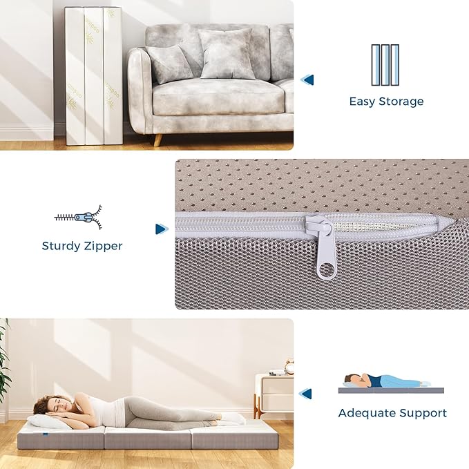 Inofia 6 Inch Folding Mattress, Memory Foam Tri-fold Mattress with Removable Cover, Foldable Floor Bed, Medium Firm, Twin Size (75" x 39" x 6")